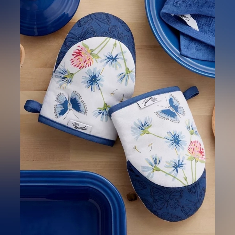 Fiesta Breezy Floral Mini Cotton Oven Mitt Set of 2, 5.5" X 8" - Twilight Blue